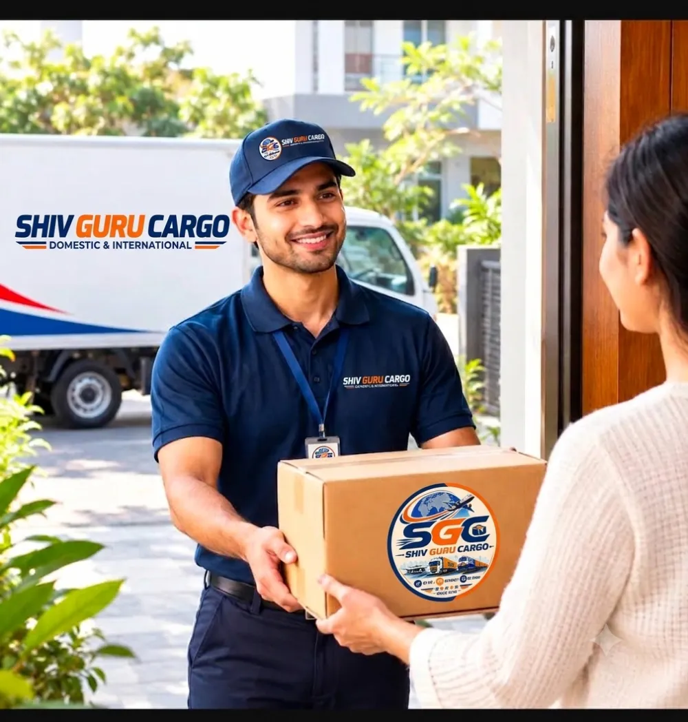 Shiv Guru Cargo staff member handing a branded parcel box to a customer at a doorway