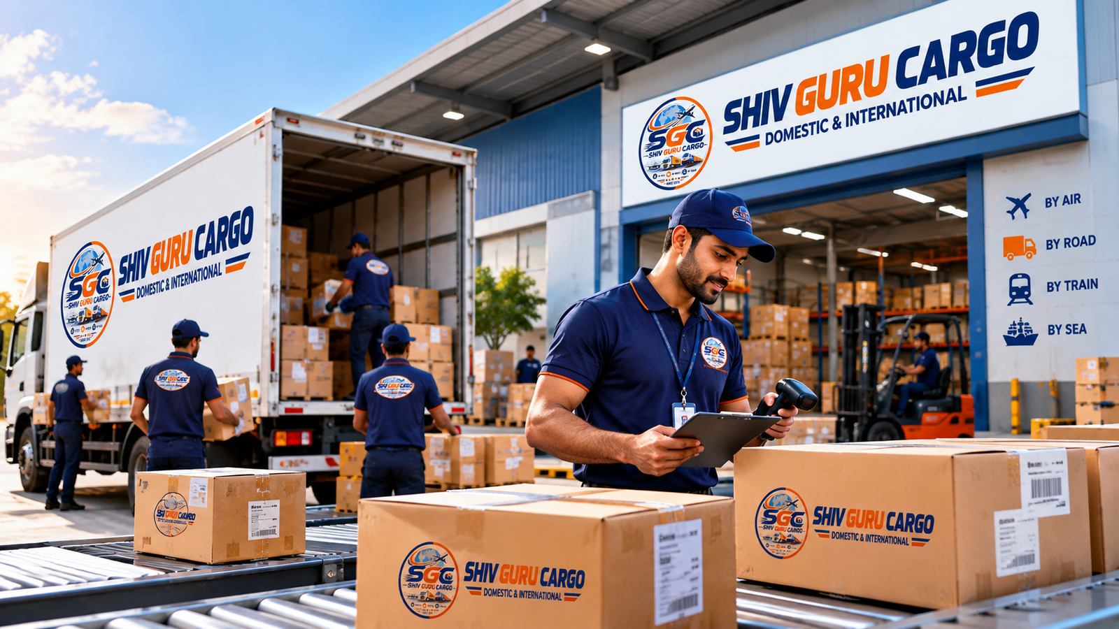 Shiv Guru Cargo staff scanning and coordinating courier shipments at a loading facility