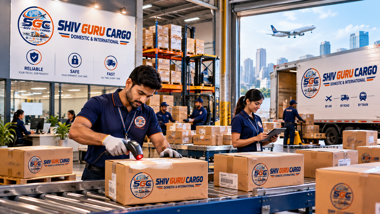 Shiv Guru Cargo team processing domestic courier parcels at a logistics facility