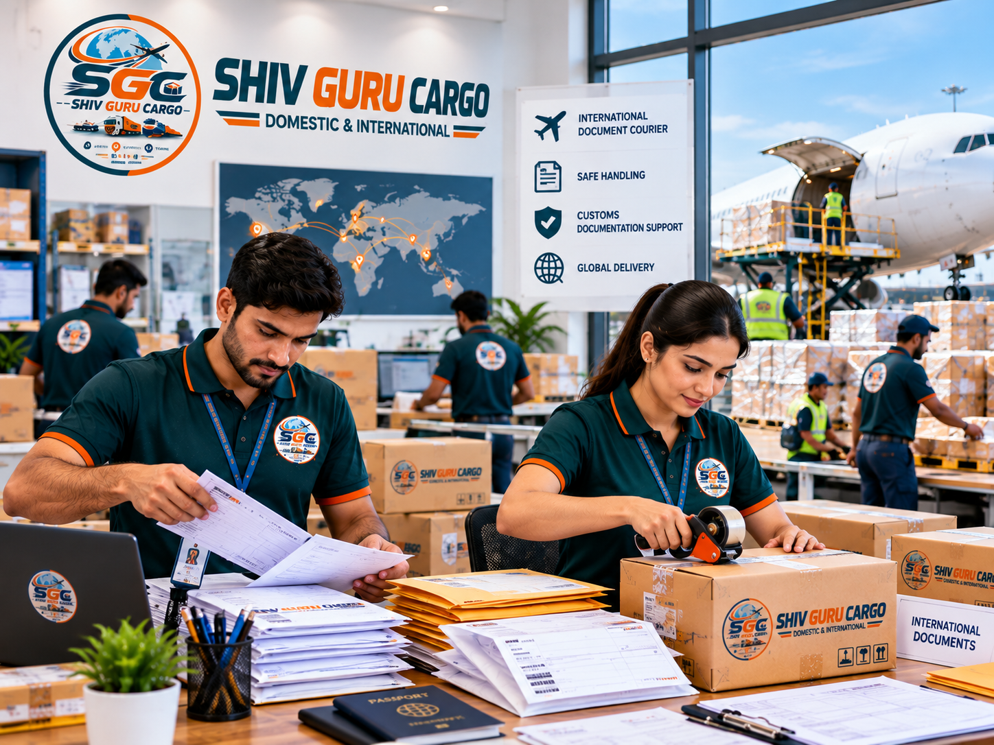 Shiv Guru Cargo staff preparing documents for domestic and international courier dispatch