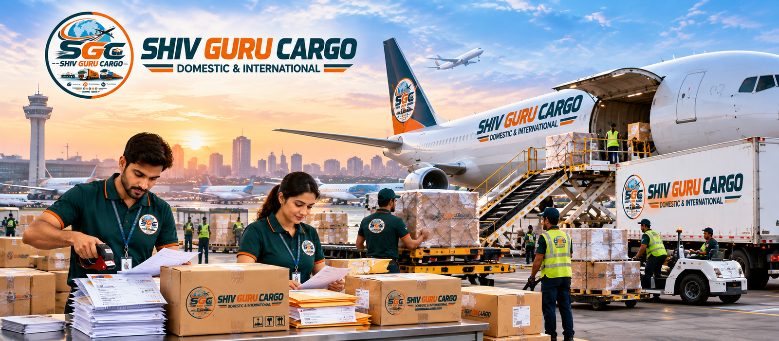 Shiv Guru Cargo team handling document courier shipments at an airport cargo facility
