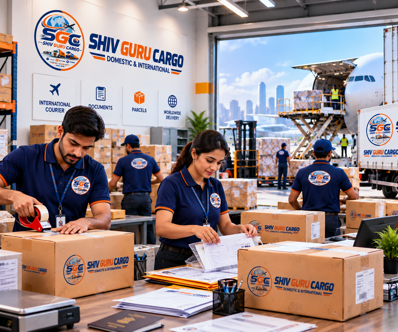 Shiv Guru Cargo staff preparing documents and parcels for international courier dispatch