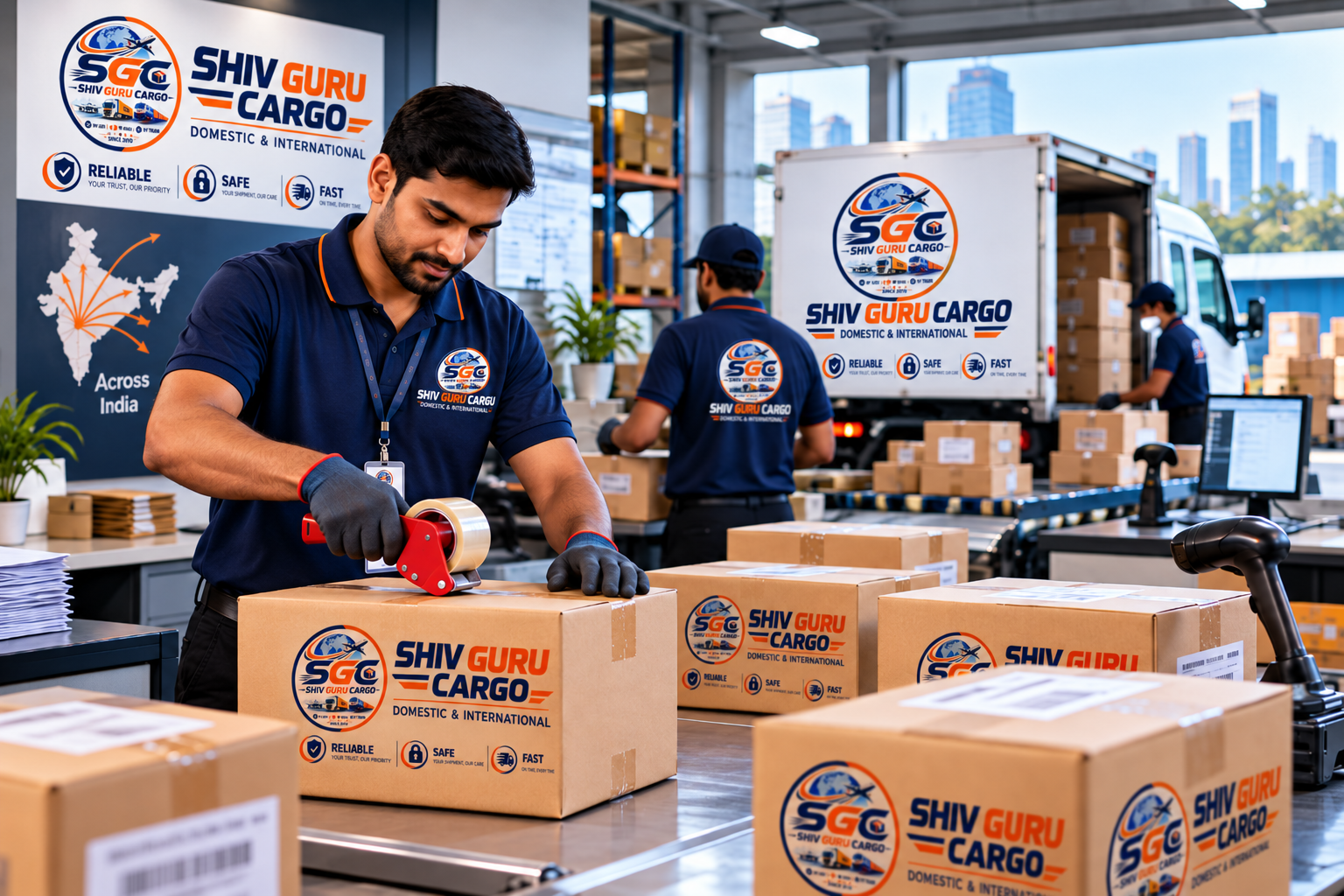 Shiv Guru Cargo staff preparing and packing courier parcels for dispatch
