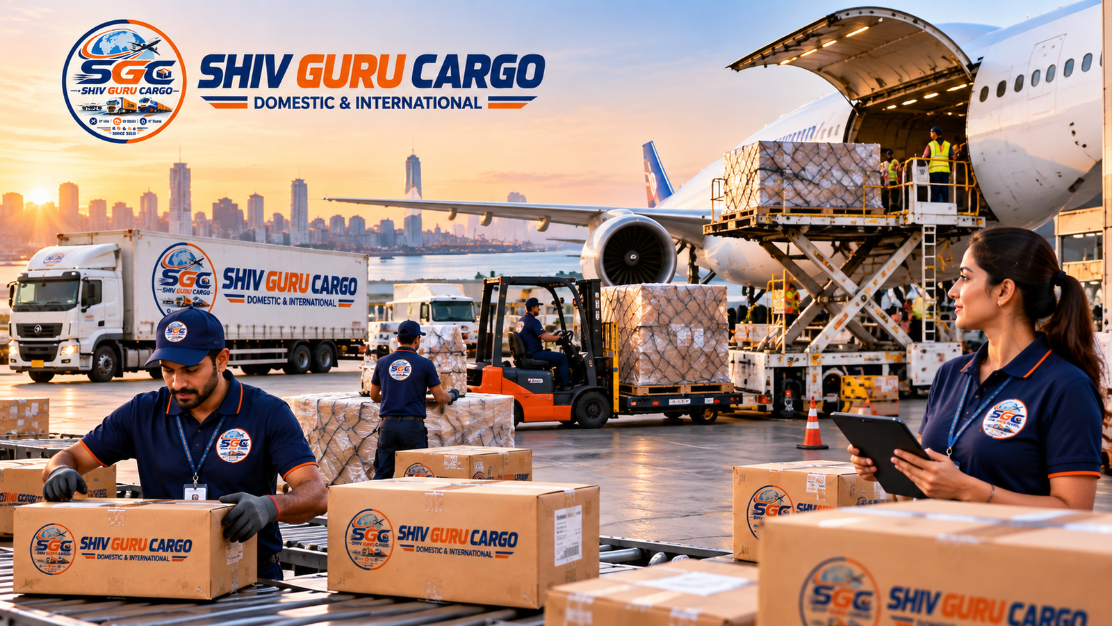 Shiv Guru Cargo team handling international courier shipments at an airport cargo facility