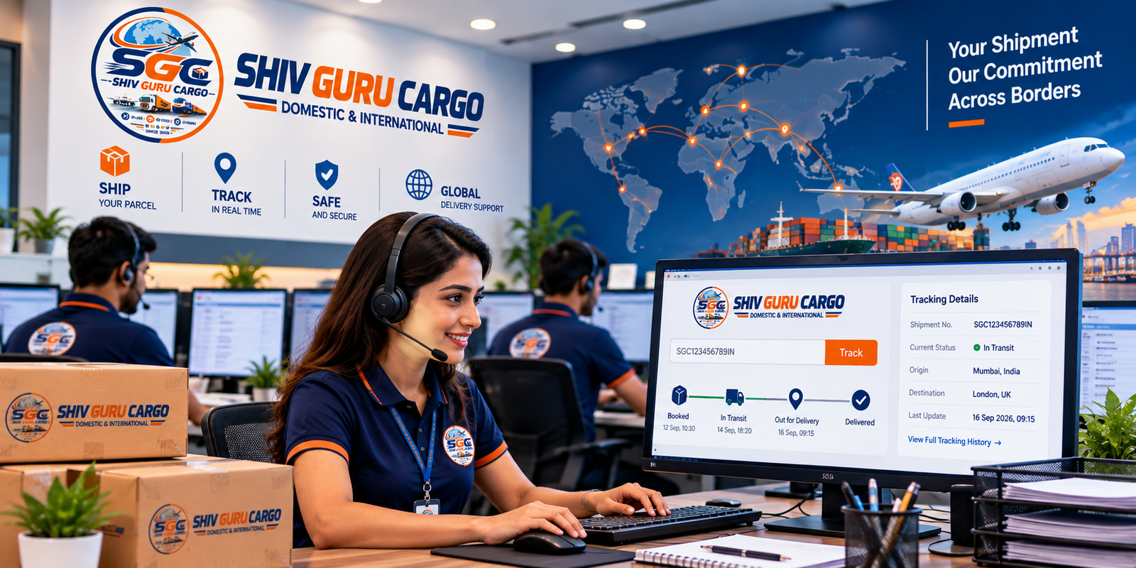 Shiv Guru Cargo customer support executive assisting with international shipment tracking