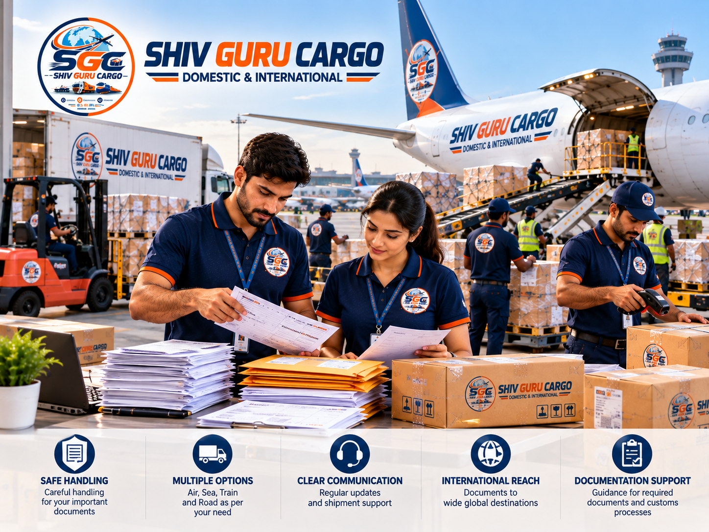 Shiv Guru Cargo team checking documents and coordinating courier shipments